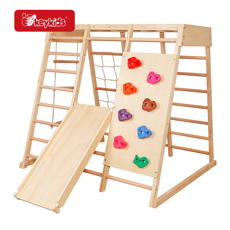 Wooden Kids Indoor Climbing Frame With Climbing Wall Rope Net Slide and Ladder Multifunctional Playground Gym Equipment W01F227